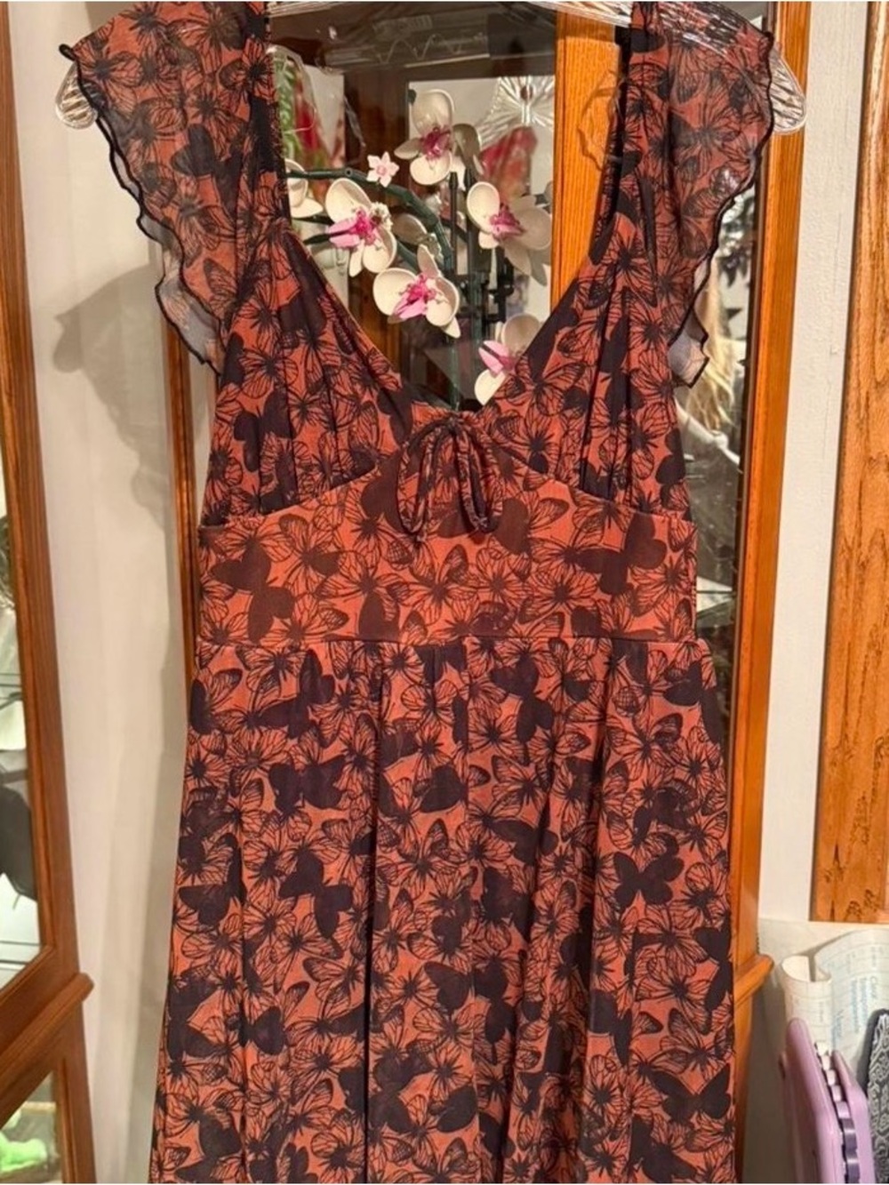 Floral Tie-Front Ruffle Sleeve Midi Dress - Rust & Black